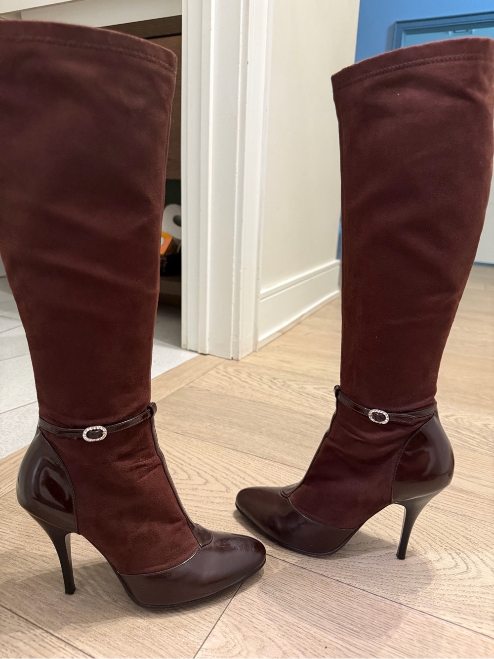 Pierre Cardin Burgundy Knee-High Stiletto Boot with Ankle Strap